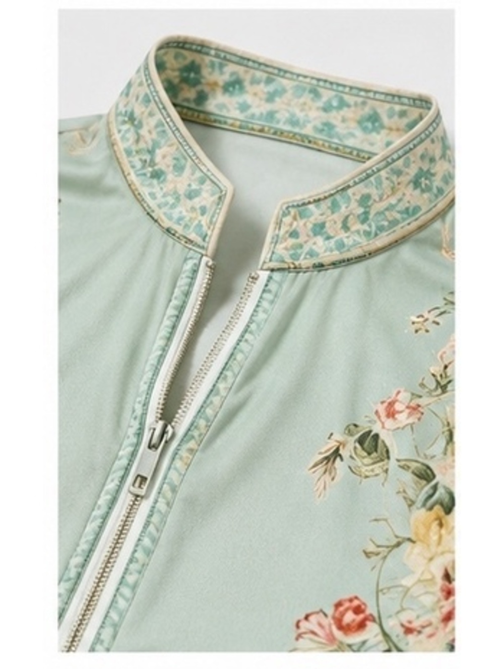 Retro Mint Green Floral Chiffon Zip-Up Top Size Small - Picture 7 of 8